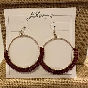 NWT J. Bloom Earrings- gold tone circle hoops w/ burgundy beads